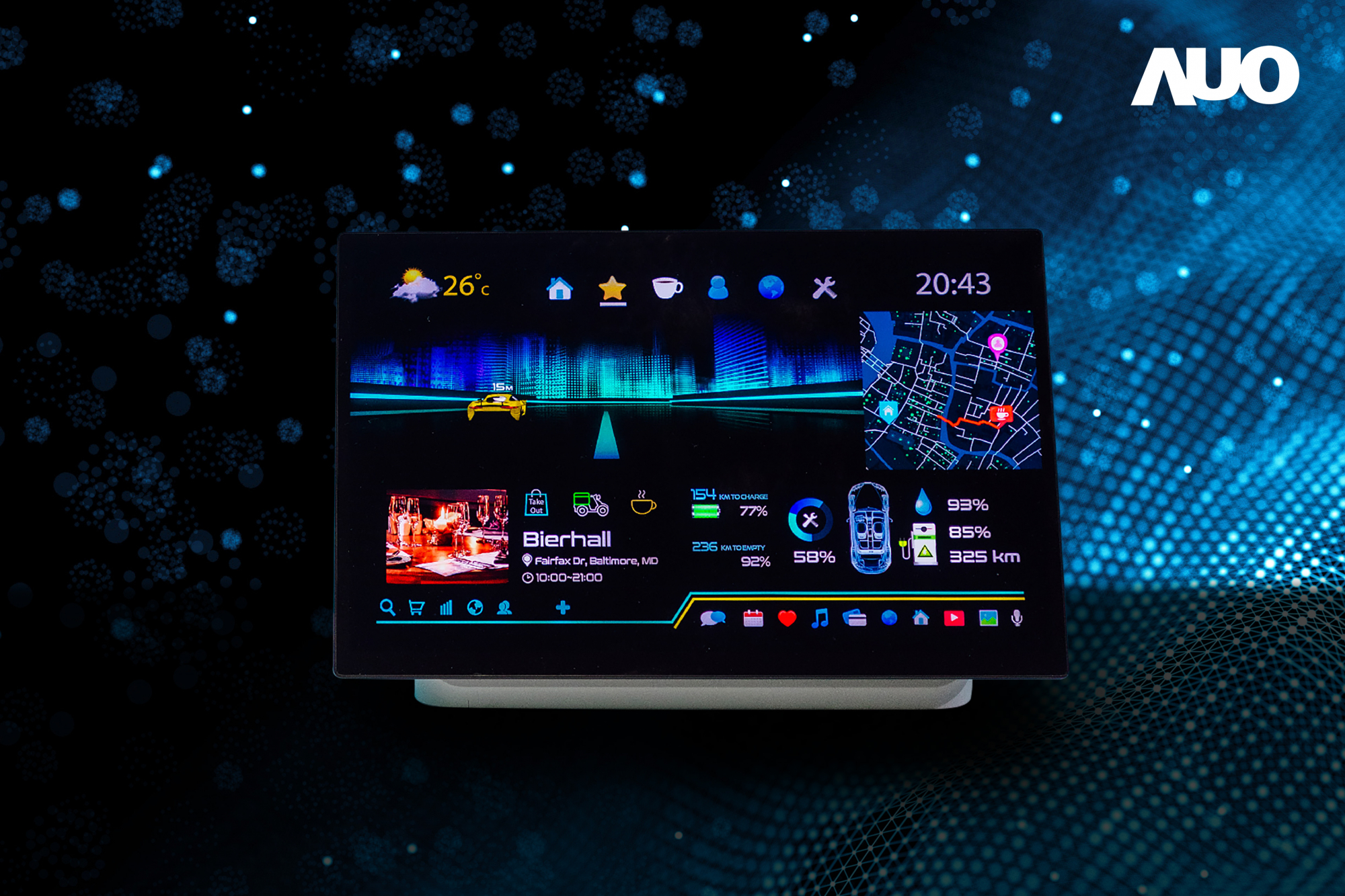 友達16吋超高色域車載中控獲得2025顯示器元件產品技術獎之面板模組類傑出產品獎，首次在車載領域採用藍光COB（LED chip-on-board）搭載量子點（Quantum Dot）膜之Mini LED解決方案實現廣色域