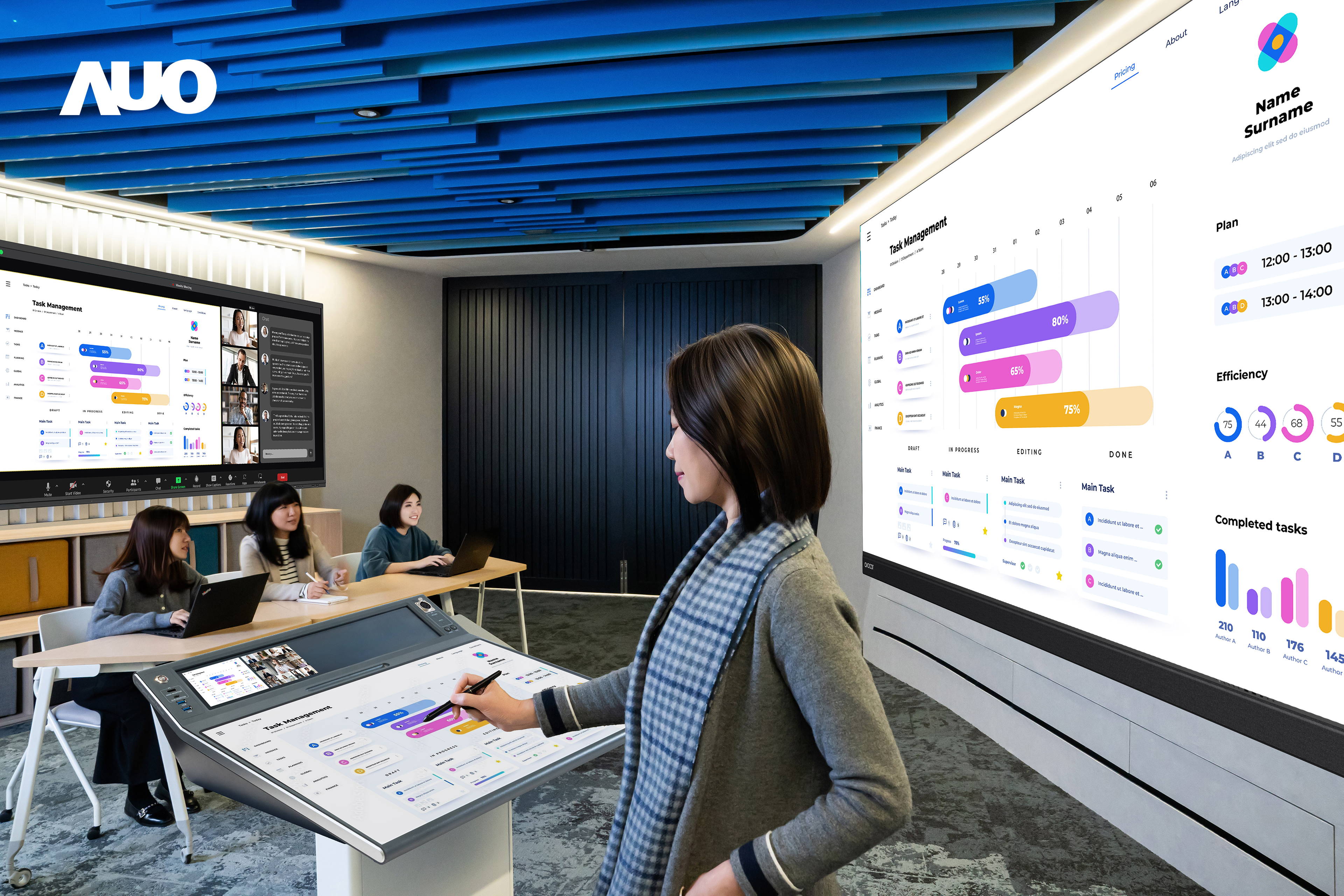 達擎攜手Avocor與Rise Vision展示全方位商務領域應用，包含採用模組化設計的138吋一體式All-in-One LED顯示器及具21:9超寬比例的92吋互動式電子白板（IFPD），講者可輕鬆分享內容，有效提升會議協作效率。